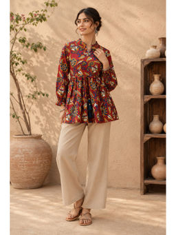 Vastramyaa - Women Cotton Maroon Floral Printed Peplum Top