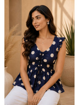Vastramyaa - Navy Blue Cotton Polka Dot Printed Top