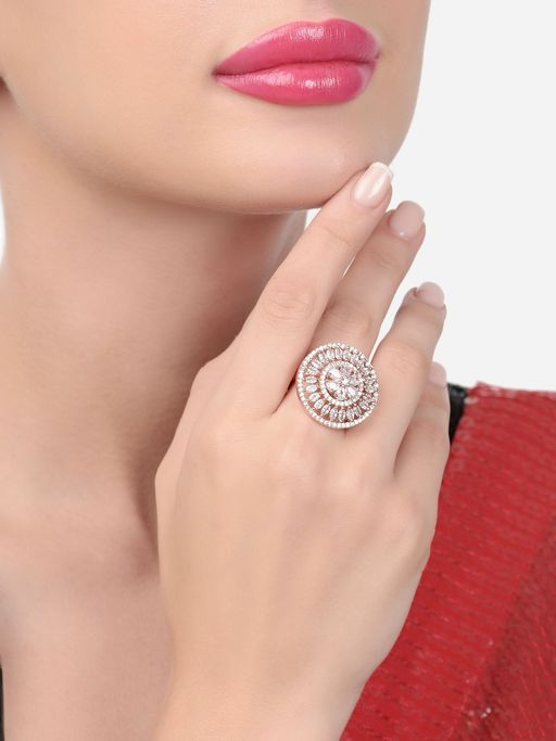 Zaveri Pearls Rose Gold Cubic Zirconia Party Bling Statement Brass Ring-ZPFK15423