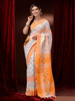 CHARUKRITI - White and Orange Pure Cotton Checkered Geometric Patterns Saree with Unstitched Blouse