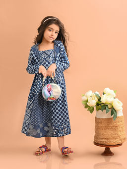 Lilpicks - Ethnic Motif Printed Maxi Dress With Jacket - Blue (Set of 2)