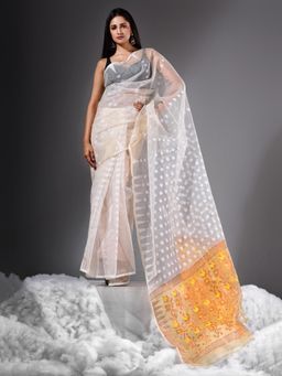 CHARUKRITI - Off White Resham Jamdani Saree Without Blouse