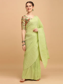 Amrutam Fab - Womens Japan Satin Pleated Pista Saree With Unstitched Blouse Piece