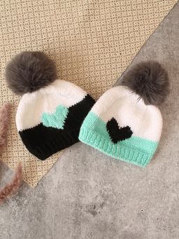 Woonie - Handknitted Heart Designed Colorblocked Beanie (Pack Of 2)