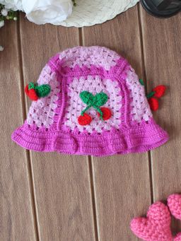 Woonie - Purple Crochet Handmade Cherry Design Bucket Hat