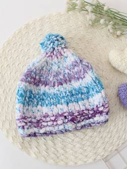 Woonie - Blue Handknitted Pom Pom Detailed Beanie