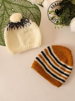 Woonie - Handknitted Pom Pom Detailed & Striped Beanie (Pack Of 2)