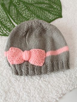 Woonie - Grey Handknitted Bow Detailed Beanie