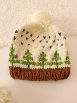 Woonie - Cream Handmade Intarsia Trees Design Pom Pom Beanie