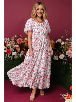 PARTIQ - Pink Floral Puff Sleeve Square Neck Empire Waist Tiered Maxi Dress