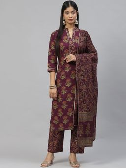 Divena - Purple Cotton Straight Kurta Pant with Dupatta (Set of 3)