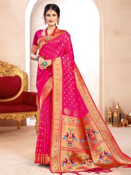 Sangam Prints - Pink Paithani Silk Woven Tassels Work Saree with Unstitched Blouse