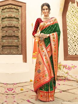 Sangam Prints - Dark Green Paithani Silk Woven Tassels Work Saree with Unstitched Blouse