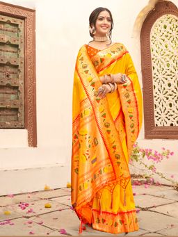 Sangam Prints - Yellow Paithani Silk Woven Tassels Work Saree with Unstitched Blouse