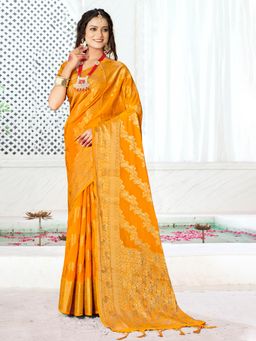 Sangam Prints - Yellow Woven Silk Siroski Stone Work Saree with Unstitched Blouse