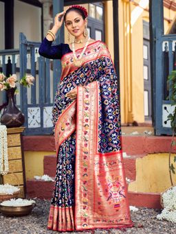Sangam Prints - Navy Blue Patola Silk Woven Tassels Saree with Unstitched Blouse