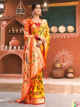 Sangam Prints - Yellow Paithani Silk Woven Tassels Work Saree with Unstitched Blouse