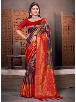 Sangam Prints - Navy Blue Kanjivaram Silk Woven Tassels Saree with Unstitched Blouse