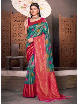 Sangam Prints - Sea Green Kanjivaram Silk Woven Tassels Saree with Unstitched Blouse