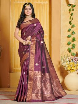 Sangam Prints - Wine Banarasi Silk Woven Zari Work Saree with Unstitched Blouse
