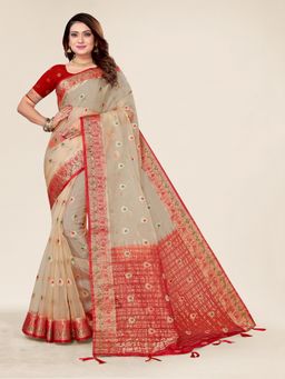 Sangam Prints - Beige Organza Motif Woven Tassels Saree with Unstitched Blouse