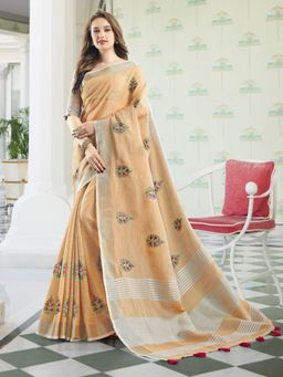 Sangam Prints - Light Peach Linen Cotton Woven Embroidered Saree with Unstitched Blouse