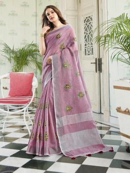 Sangam Prints - Lavender Linen Cotton Woven Embroidered Saree with Unstitched Blouse