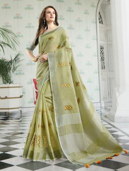 Sangam Prints - Pista Green Cotton Woven Embroidered Saree with Unstitched Blouse