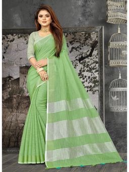 Sangam Prints - Light Green Linen Woven Tassels Saree with Unstitched Blouse