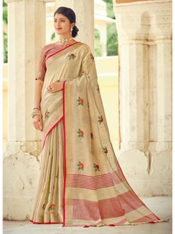 Sangam Prints - Cream Linen Woven Embroidered Tassels Saree with Unstitched Blouse