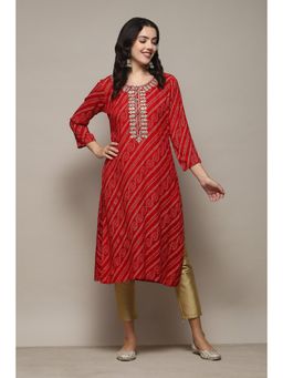 Biba - Red Rayon Straight Printed Kurta