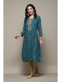 Biba - Turquoise Rayon Straight Embroidery Kurta