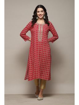 Biba - Pink Rayon Straight Printed Kurta