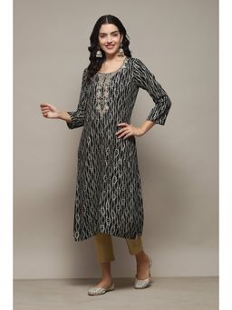 Biba - Black Rayon Straight Printed Kurta