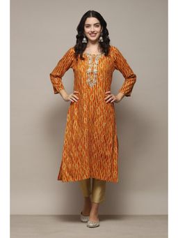 Biba - Mustard Rayon Straight Printed Kurta