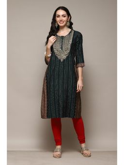 Biba - Green Doby Straight Printed Kurta