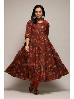 Biba - Maroon Doby Fit & Flare Printed Dress