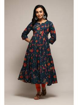 Biba - Navy Blue Doby Fit & Flare Printed Dress