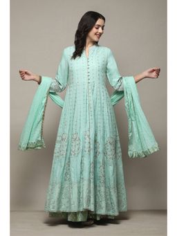 Biba - Aqua Blue Cotton Straight Embroidery Kurta (Set of 3)