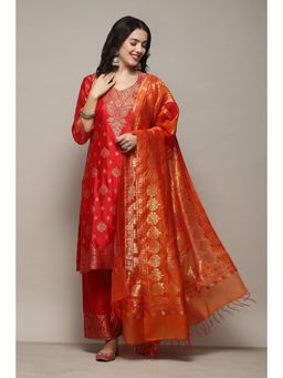 Biba - Red Cotton Silk Straight Printed Kurta (Set of 3)