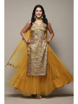 Biba - Yellow Viscose Straight Printed Kurta (Set of 3)