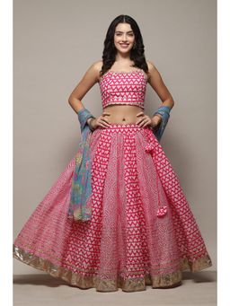 Biba - Pink Doby Straight Printed Lehenga (Set of 3)