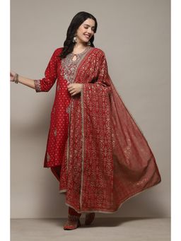 Biba - Red Rayon Straight Embellished Salwar Suit (Set of 3)