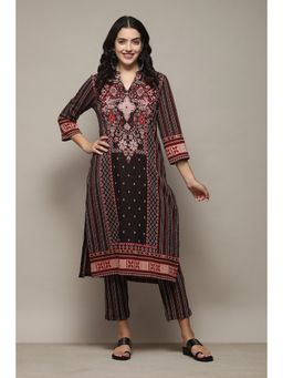 Biba - Black Polyester Straight Printed Kurta (Set of 2)