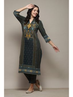 Biba - Green Polyester Straight Printed Kurta (Set of 2)