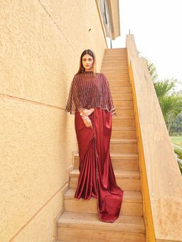 Tikhi Imli - Maroon Colored Satin Saree with Net Cape with Unstitched Blouse