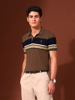 U.S. POLO ASSN. - Mens Brown Horizontal Striped Slim Fit Varsity Polo T-Shirt