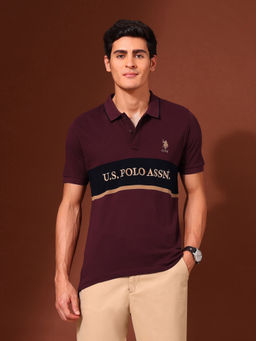 U.S. POLO ASSN. - Mens Maroon Brand EmbroideMaroon Pure Cotton Varsity Polo T-Shirt