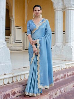Kasya - Blue Festive Premium Tissue Fabric Saree with Stitched Blouse