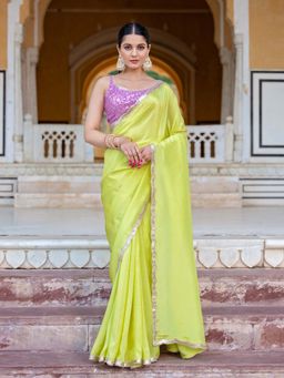 Kasya - Lime Green Festive Soft Tissue Fabric Saree with Stitched Blouse